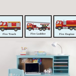 May include: Three red fire trucks with black outlines and white lettering on a light blue background. The trucks are labeled "Fire Truck", "Fire Ladder", and "Fire Engine".