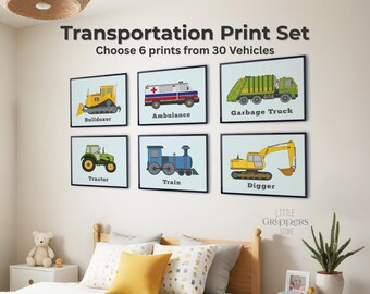 Transportation Print Set – Choose 6 Vehicle Nursery Prints Trucks, Trains, Planes, and Cars