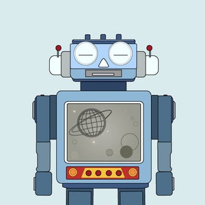 K&ouml;nnte beinhalten: Ein blaues und wei&szlig;es Spielzeugroboter mit einem Bildschirm, der einen Planeten und Sterne zeigt. Der Roboter hat auf jeder Seite seines Kopfes einen roten Knopf.