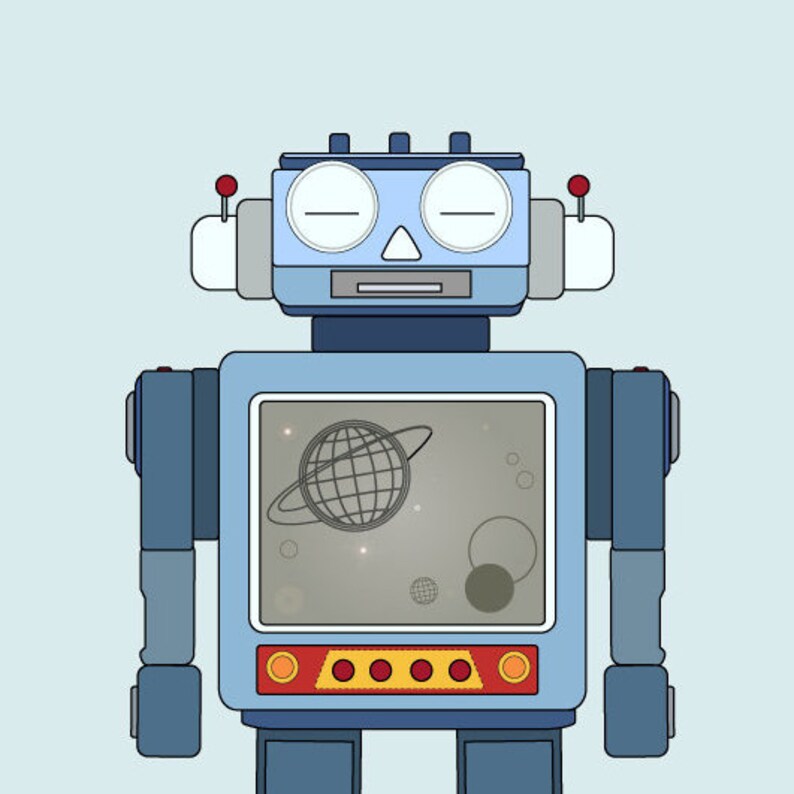 K&ouml;nnte beinhalten: Ein blaues und wei&szlig;es Spielzeugroboter mit einem Bildschirm, der einen Planeten und Sterne zeigt. Der Roboter hat auf jeder Seite seines Kopfes einen roten Knopf.