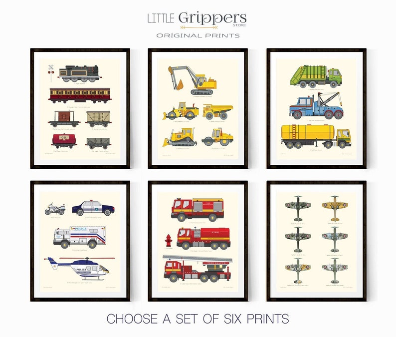 This set of six transportation prints is the perfect wall art for vehicle loving toddlers