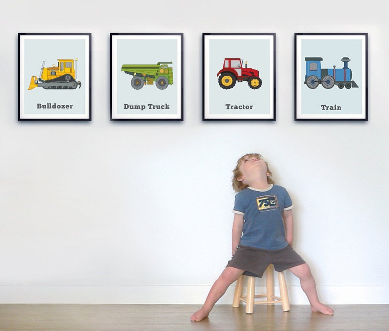 Toddler Room Wall Art Set Of Four Prints Transportation Print Big Boys Truck Decor Tractor