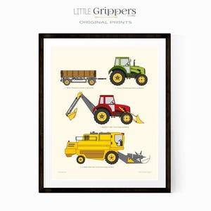 May include: A printable poster featuring illustrations of different types of farm equipment, including a tractor pulling a trailer, a red tractor with a front loader, a green tractor, and a yellow combine harvester. The poster is titled "Little Grippers Store Original Prints".