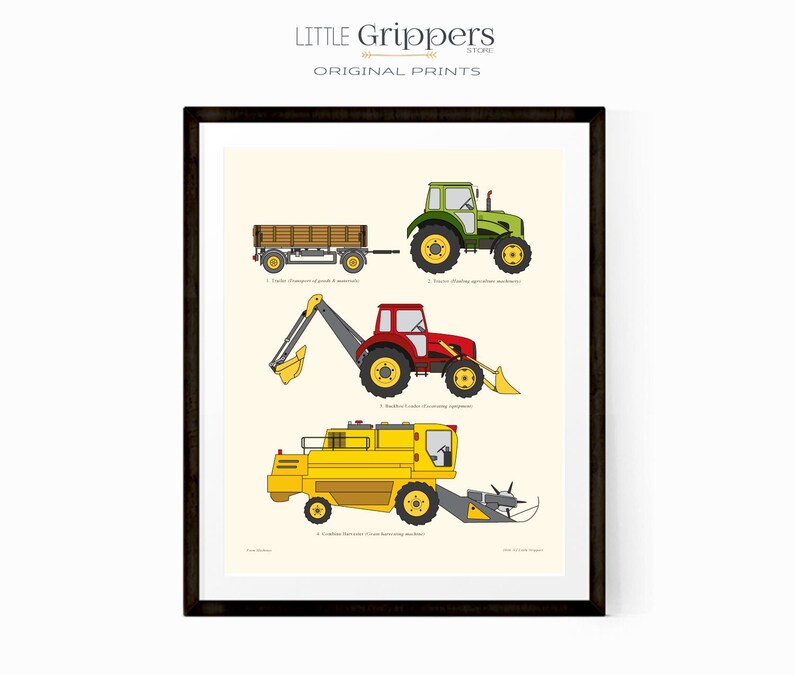 May include: A printable poster featuring illustrations of different types of farm equipment, including a tractor pulling a trailer, a red tractor with a front loader, a green tractor, and a yellow combine harvester. The poster is titled "Little Grippers Store Original Prints".