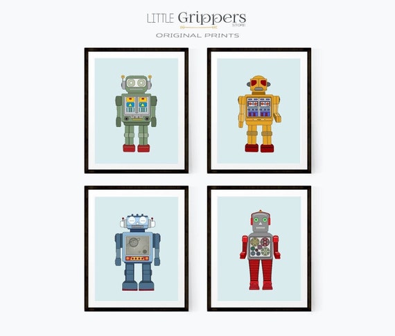 Retro Robot Art Print Set – Kids Room Wall Decor, Fun Playroom Posters