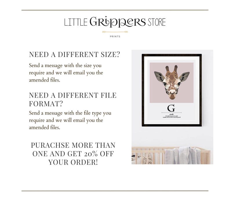 K&ouml;nnte beinhalten: Ein druckbarer Alphabet-Poster mit einer Giraffe mit dem Buchstaben "G" und dem Wort "Giraffe" in einem schwarzen Rahmen. Das Poster ist auf wei&szlig;em Hintergrund mit dem Text "Ben&ouml;tigen Sie eine andere Gr&ouml;&szlig;e? Senden Sie eine Nachricht mit der Gr&ouml;&szlig;e, die Sie ben&ouml;tigen, und wir senden Ihnen die ge&auml;nderten Dateien per E-Mail. Ben&ouml;tigen Sie ein anderes Dateiformat? Senden Sie eine Nachricht mit dem Dateityp, den Sie ben&ouml;tigen, und wir senden Ihnen die ge&auml;nderten Dateien per E-Mail. Kaufen Sie mehr als einen und erhalten Sie 20 % Rabatt auf Ihre Bestellung!"