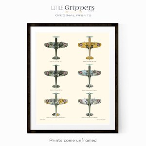 May include: A printable art print featuring six different illustrations of a Spitfire aircraft in various camouflage patterns. The aircraft are shown in profile view, with the tail numbers "SJ507R", "SJ51RK", "SF207R", "SF128D", "SJ507R", and "SF128D" visible on the fuselage.