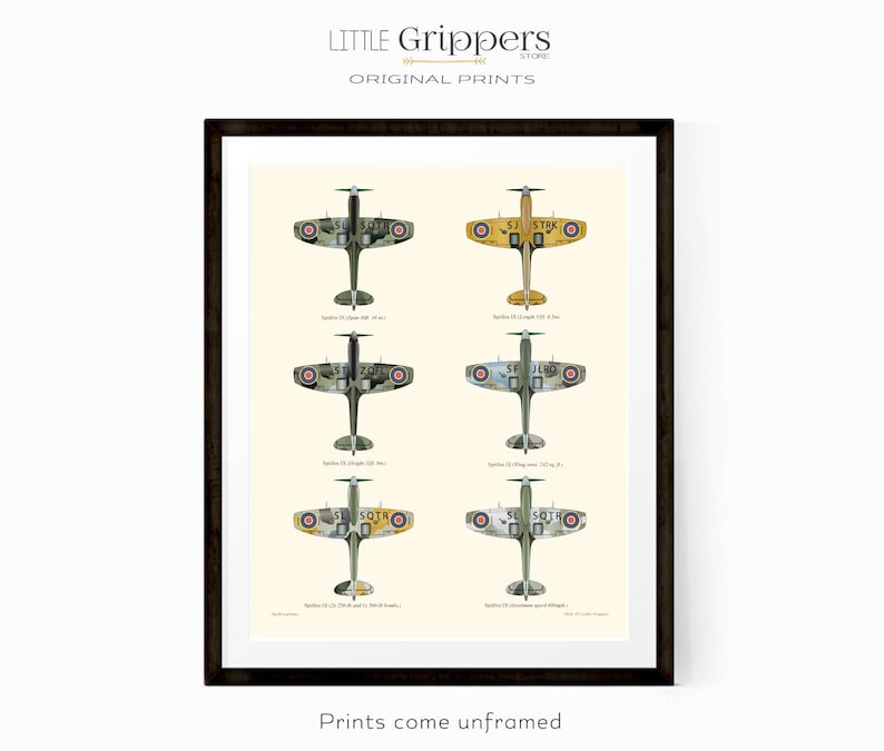 May include: A printable art print featuring six different illustrations of a Spitfire aircraft in various camouflage patterns. The aircraft are shown in profile view, with the tail numbers "SJ507R", "SJ51RK", "SF207R", "SF128D", "SJ507R", and "SF128D" visible on the fuselage.
