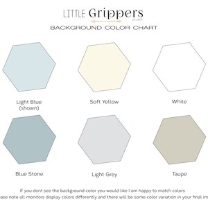 May include: A color chart from the "Little Grippers Store" featuring six hexagonal color swatches: light blue, soft yellow, white, blue stone, light grey, and taupe. The text indicates the seller can match colors and notes color variations may occur.