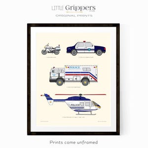 May include: A printable illustration of four different police vehicles: a motorcycle, a car, a truck, and a helicopter. Each vehicle is white with blue accents and the word "Police" printed on it.