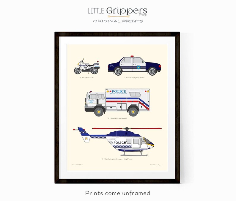 May include: A printable illustration of four different police vehicles: a motorcycle, a car, a truck, and a helicopter. Each vehicle is white with blue accents and the word "Police" printed on it.