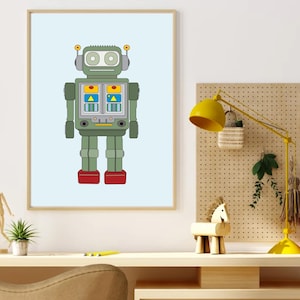 K&ouml;nnte beinhalten: Ein druckbarer Kunstdruck mit einem Retro-Roboter mit gr&uuml;nem K&ouml;rper, gelben Augen und roten Stiefeln. Der Roboter steht auf einem hellblauen Hintergrund.