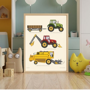 May include: A printable poster with illustrations of four different types of construction vehicles. The poster includes a tractor pulling a trailer, a tractor with a front loader, a tractor with a backhoe, and a combine harvester. The poster is printed on white paper with black outlines and colored illustrations.