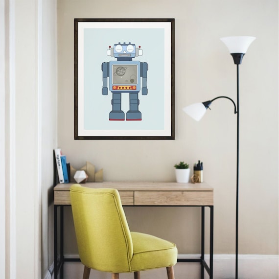 Retro Robot Art Print, Colorful Kids Room Decor (Digital Download)