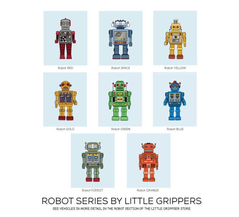 May include: A collection of eight colorful robot illustrations, each on a light blue background. The robots are in various colors, including red, space grey, yellow, gold, green, blue, forest green, and orange. Text at the bottom reads "ROBOT SERIES BY LITTLE GRIPPERS."
