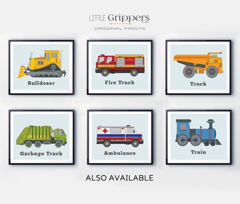 May include: Set of six printable illustrations of different vehicles, including a bulldozer, fire truck, dump truck, garbage truck, ambulance, and train. Each illustration is on a light blue background with a black frame.