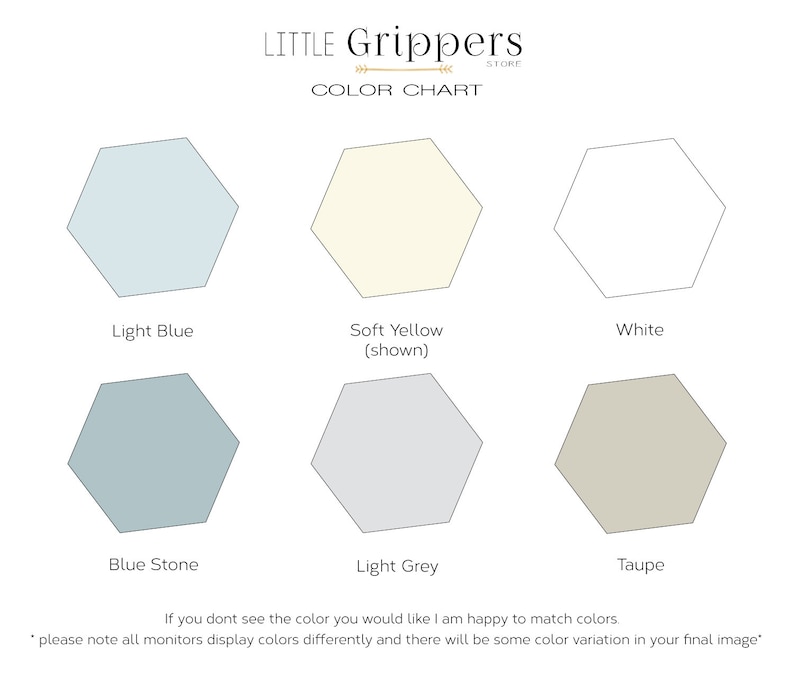 May include: Color chart showing six different colors for Little Grippers store. The colors are light blue, soft yellow, white, blue stone, light grey, and taupe.