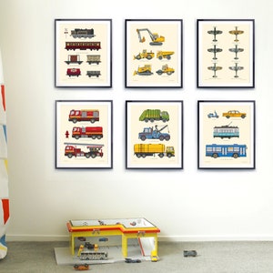 May include: Six framed illustrations of different types of vehicles, including a train, construction vehicles, airplanes, fire trucks, garbage trucks, and a trolley. The illustrations are in a minimalist style with bright colors and simple lines.