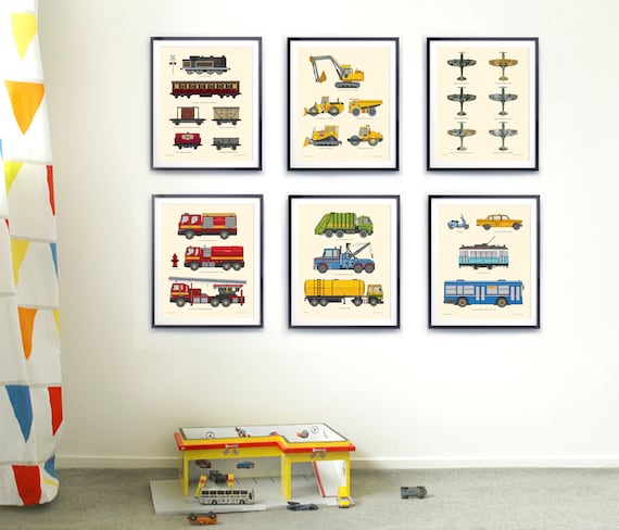 Transportation print, Toddlers boy vehicle art, Set of six prints, Boy nursery wall art, Vintage style kids prints, Car poster prints.