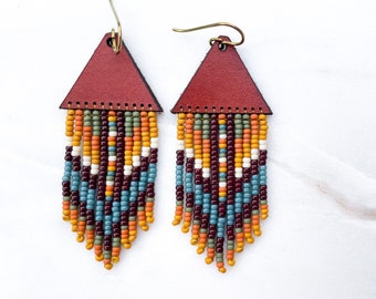 Leather + Beads Collection | Fiesta Hand-Beaded Fringe and Precision Cut Leather Earrings | Gift for her and Ready to Ship