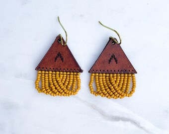 Leather + Beads Earrings | Mustard Color Loopy Fringe | Fusion Precision Cut Etched Leather + Hand-Beaded Fringe | Ready to Ship