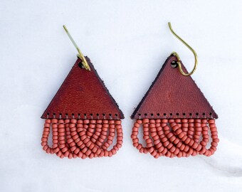 Leather + Beads Earrings | Terracotta Color Loopy Fringe | Fusion Precision Cut Leather + Hand-Beaded Fringe | Ready to Ship