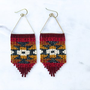 Desert Sun Red Triangle Hoop Seed Bead Earrings Handmade with Brass Triangle and Niobium Ear Wires Ready To Ship image 1