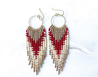 Bestie in Hot Tamale Red | Hues of Gold, Cream and Red Seed Bead Earrings | Handmade with Brass Hoop and Niobium Ear Wires | Ready To Ship