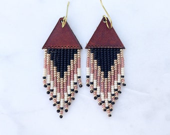 Leather + Beads Earrings | Short Size | Black, Gold, Blush + Cream Hand-beaded Fringe | Fusion Precision Cut Leather  | Ready to Ship