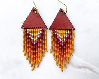 Leather + Beads Collection | Sundance Hand-Beaded Fringe and Precision Cut Leather Earrings | Gift for her and Ready to Ship