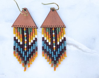 Leather + Beads Collection | Fiesta Hand-Beaded Fringe and Precision Cut Leather Earrings | Gift for her and Ready to Ship