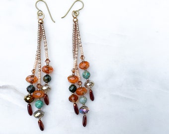 Touch of Autumn Tassel Earrings | Hand Made with Natural Turquoise Gemstones, Crystals and Seed Beads | Ready To Ship