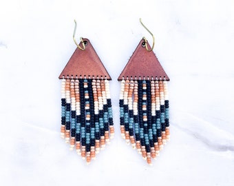 Leather + Beads Collection | Butterfly Hand-Beaded Fringe and Precision Cut Natural Leather Earrings | Ready to Ship