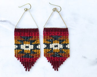 Desert Sun Red | Triangle Hoop | Seed Bead Earrings | Handmade with Brass Triangle and Niobium Ear Wires | Ready To Ship