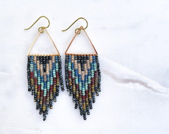 Picasso Bouquet | Beaded Earrings | Handmade with Seed Beads & Brass Triangle Hoop | Boho Style | Ready To Ship Gift for Her