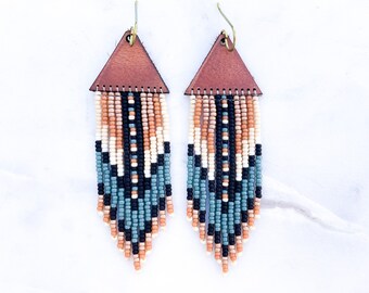 Leather + Beads Collection | Butterfly Hand-Beaded Fringe and Precision Cut Natural Leather Earrings | Gift for her and Ready to Ship