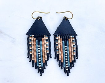 Leather + Beads Collection | Butterfly Stripes Hand-Beaded Fringe and Precision Cut Leather Earrings | Gift for her and Ready to Ship