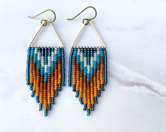 Coastal Spice Mini | Hues of Blue and Orange Seed Bead Earrings | Handmade w/ seed beads & Brass Triangle Hoop | Ready To Ship Gift for Her