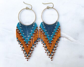 Coastal Spice | Hues of Blue and Orange Seed Bead Earrings | Handmade with Brass Hoop and Niobium Ear Wires | Ready To Ship