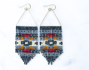 Desert Sun Black | Triangle Hoop | Seed Bead Earrings | Handmade with Brass Triangle and Niobium Ear Wires | Ready To Ship