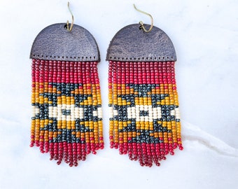 Desert Sun Red | Leather + Beads Collection | Hand-Beaded Fringe and Precision Cut Leather Earrings | Gift for her & Ready to Ship