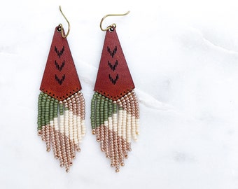 Leather + Beads Earrings | Colorblock Sage, Cream + Gold | Fusion Precision Cut Etched Leather and Hand-Beaded Fringe | Ready to Ship