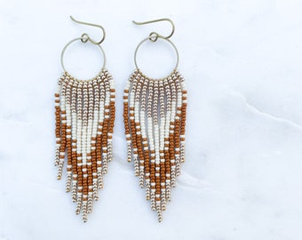 Bestie in Pumpkin Spice | Hues of Gold, Cream and Sienna Seed Bead Earrings | Handmade with Brass Hoop and Niobium Ear Wires | Ready To Ship