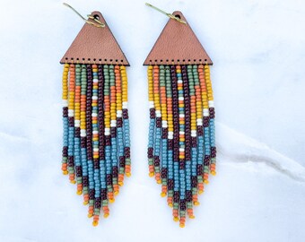 Leather + Beads Collection | Fiesta Hand-Beaded Fringe and Precision Cut Leather Earrings | Gift for her and Ready to Ship