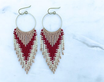 Soul Mate in Hot Tamale Red | Hues of Gold, Cream and Red Seed Bead Earrings | Handmade w/ Brass Hoop and Niobium Ear Wires | Ready To Ship