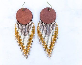 Leather + Beads Collection | Soul Mate in Honey Latte Hand-Beaded Fringe and Precision Cut Leather Earrings | Gift for her & Ready to Ship