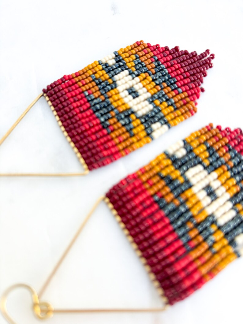 Desert Sun Red Triangle Hoop Seed Bead Earrings Handmade with Brass Triangle and Niobium Ear Wires Ready To Ship image 4