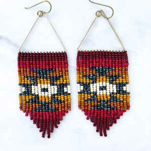 Desert Sun Red Triangle Hoop Seed Bead Earrings Handmade with Brass Triangle and Niobium Ear Wires Ready To Ship image 2