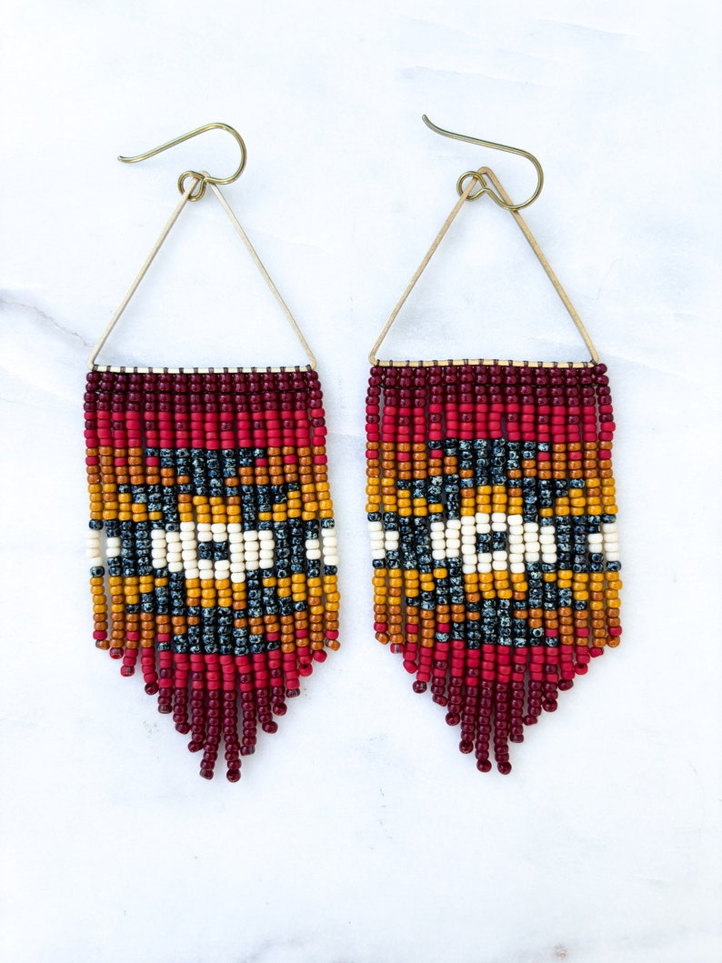 Desert Sun Red Triangle Hoop Seed Bead Earrings Handmade with Brass Triangle and Niobium Ear Wires Ready To Ship image 2