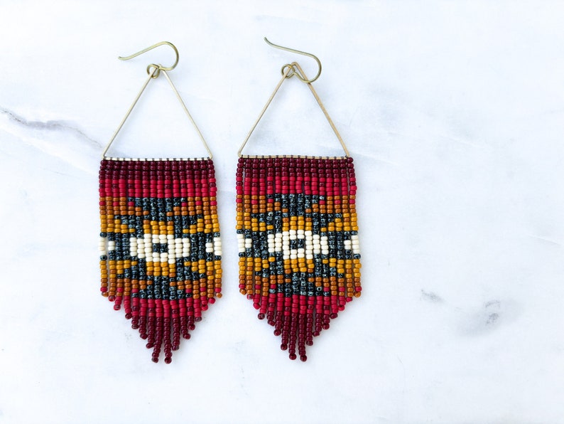 Desert Sun Red Triangle Hoop Seed Bead Earrings Handmade with Brass Triangle and Niobium Ear Wires Ready To Ship image 1